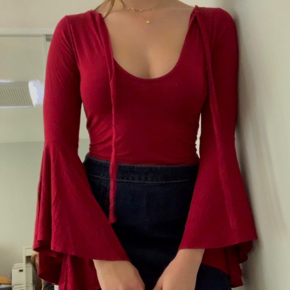Red flowy sleeve shirt with ties